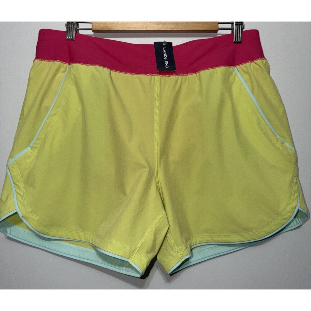 Lands End WOMENS 14 Quick Dry Pull On Swim Shorts Neon Green Pink Pockets Modest
